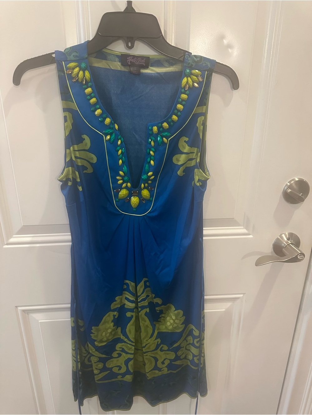 Hale Bob Blue & Lime Embellished Sleeveless Shift Dress